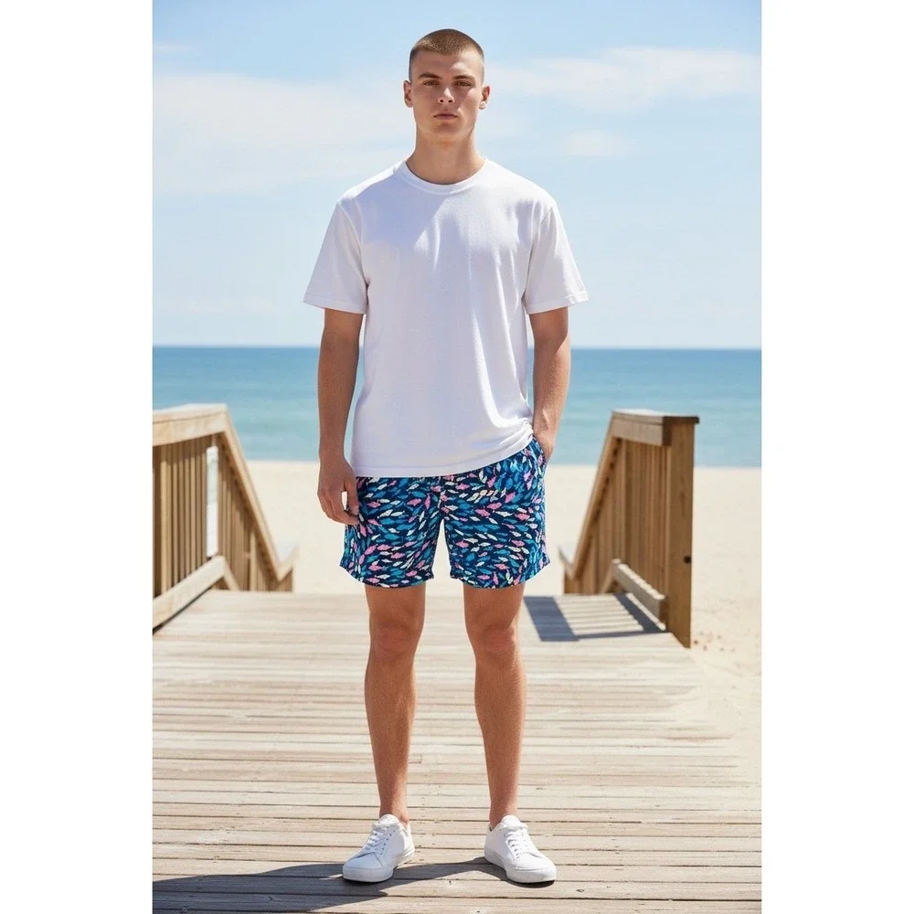 Vineyard Vines Mens Large Blue Pink Fish Print‎ Swim Trunks Board Shorts Mesh